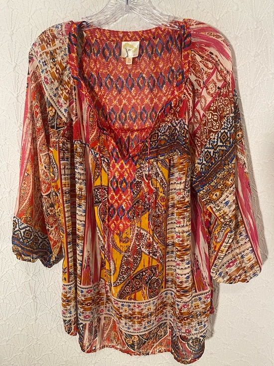 fig and flower Tops - fig and flower Boho Paisley Tunic - Red, Yellow, Pink Size 2X Sheer Ethereal